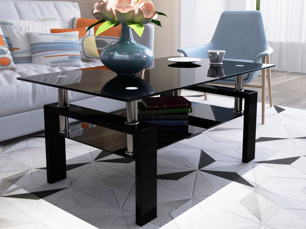 Black Glass End Tables, Small Glass Top End Table, Black Side Table, Square Shape, Tempered Glass Top, Metal Frame, for Living Room Bedroom (All Black, 1Pcs End Table)