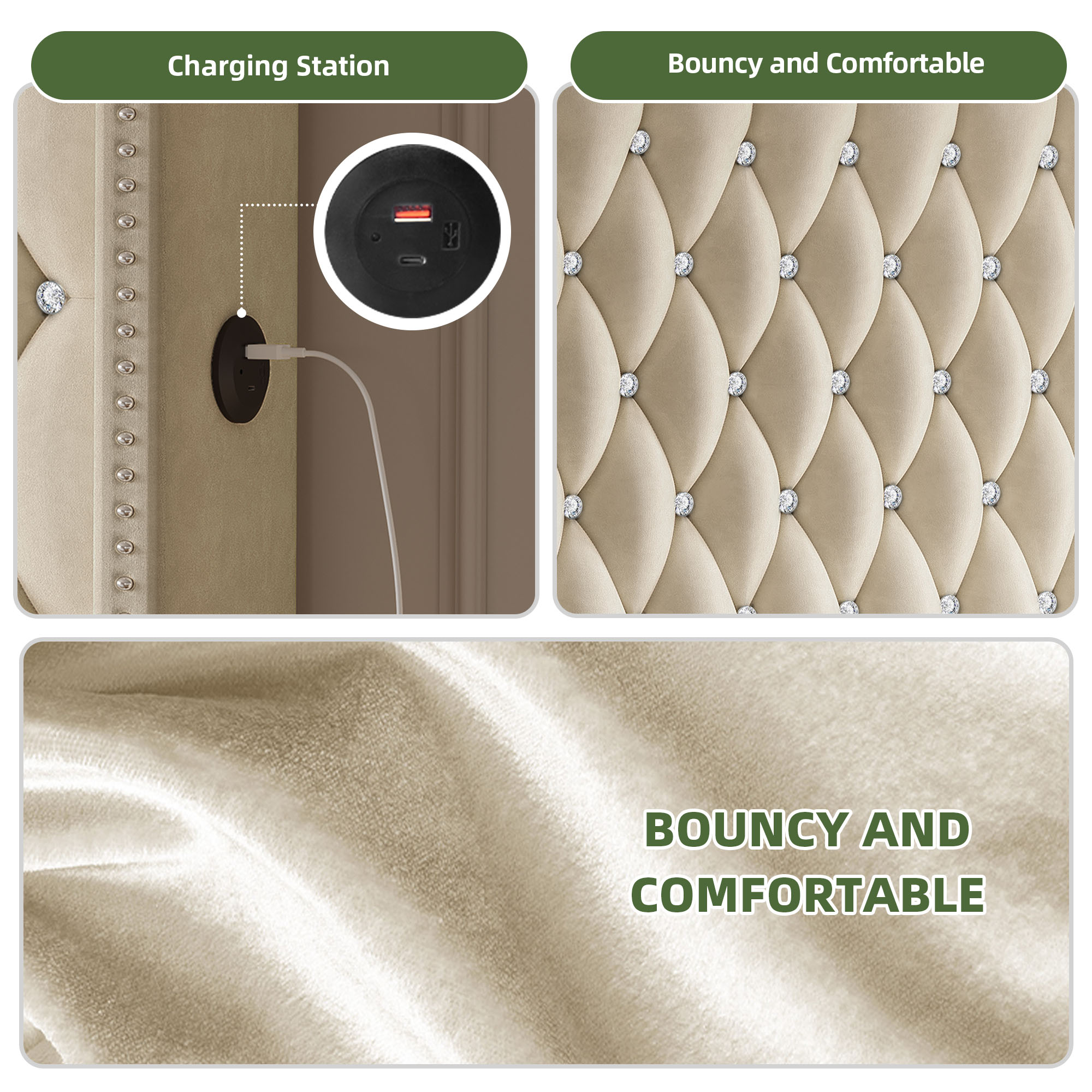 Uforic Queen Wingback Bed Frame with 58" Tall Headboard and USB Charging Stations, Tufted Velvet Upholstered Platform Bed, Easy Assembly, Beige