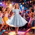 thumbnail image 6 of Girls Embroidered Tulle Dress Puff Sleeve Floral Ruffle Aline Dress Formal Birthday Party Dresses Blue, Size 7-8, 6 of 6