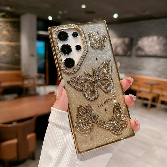 Designed for Samsung Galaxy S25  Phone Case,Luxury Diamond Butterfly Design,Cute Gradient Glitter Bling Diamond Rhinestone Sparkly Cover,Shockproof Anti-Scratch Electroplated Phone Case,Gold