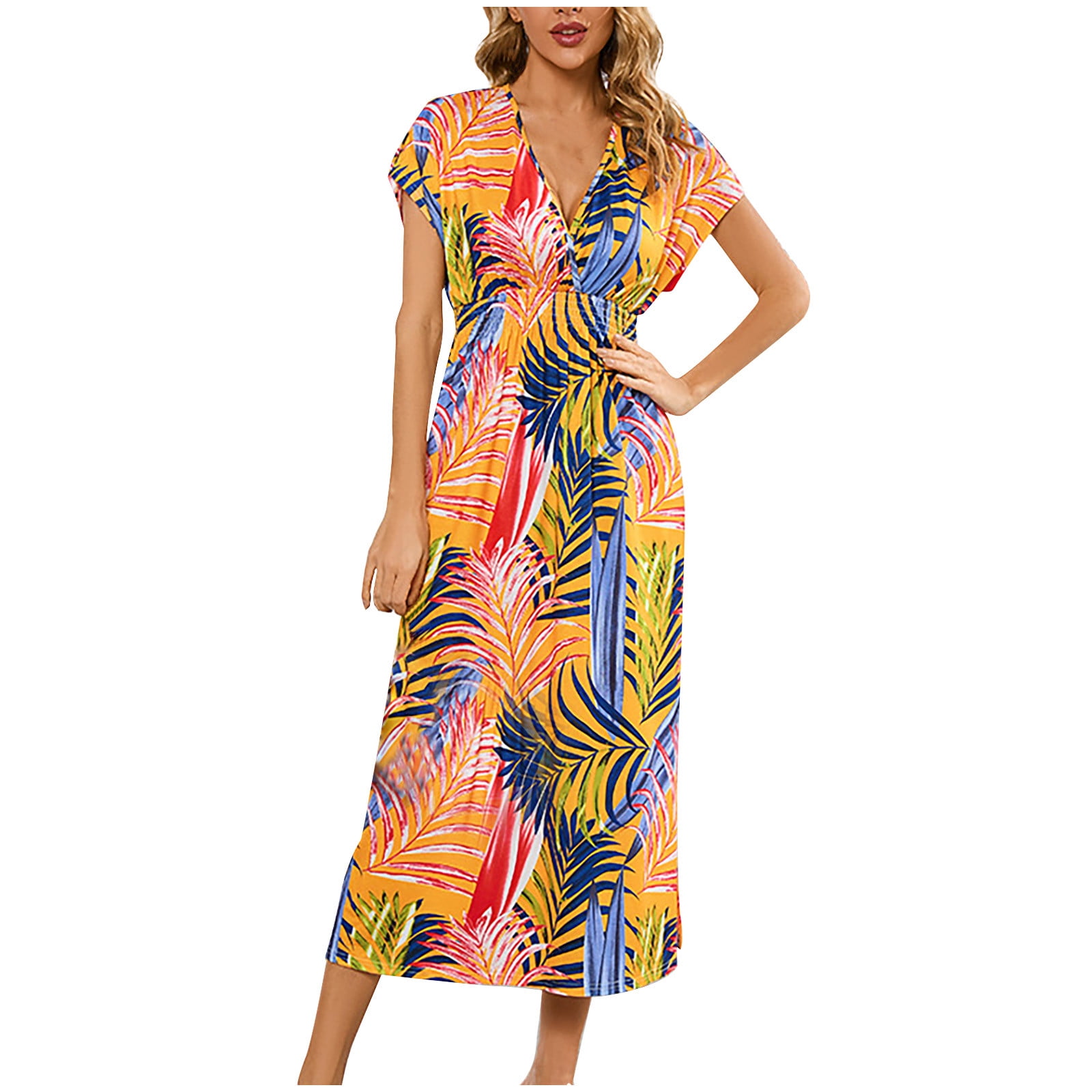 VSSSJ Summer Dresses for Women Bohemain V Neck Short Sleeve Floral ...