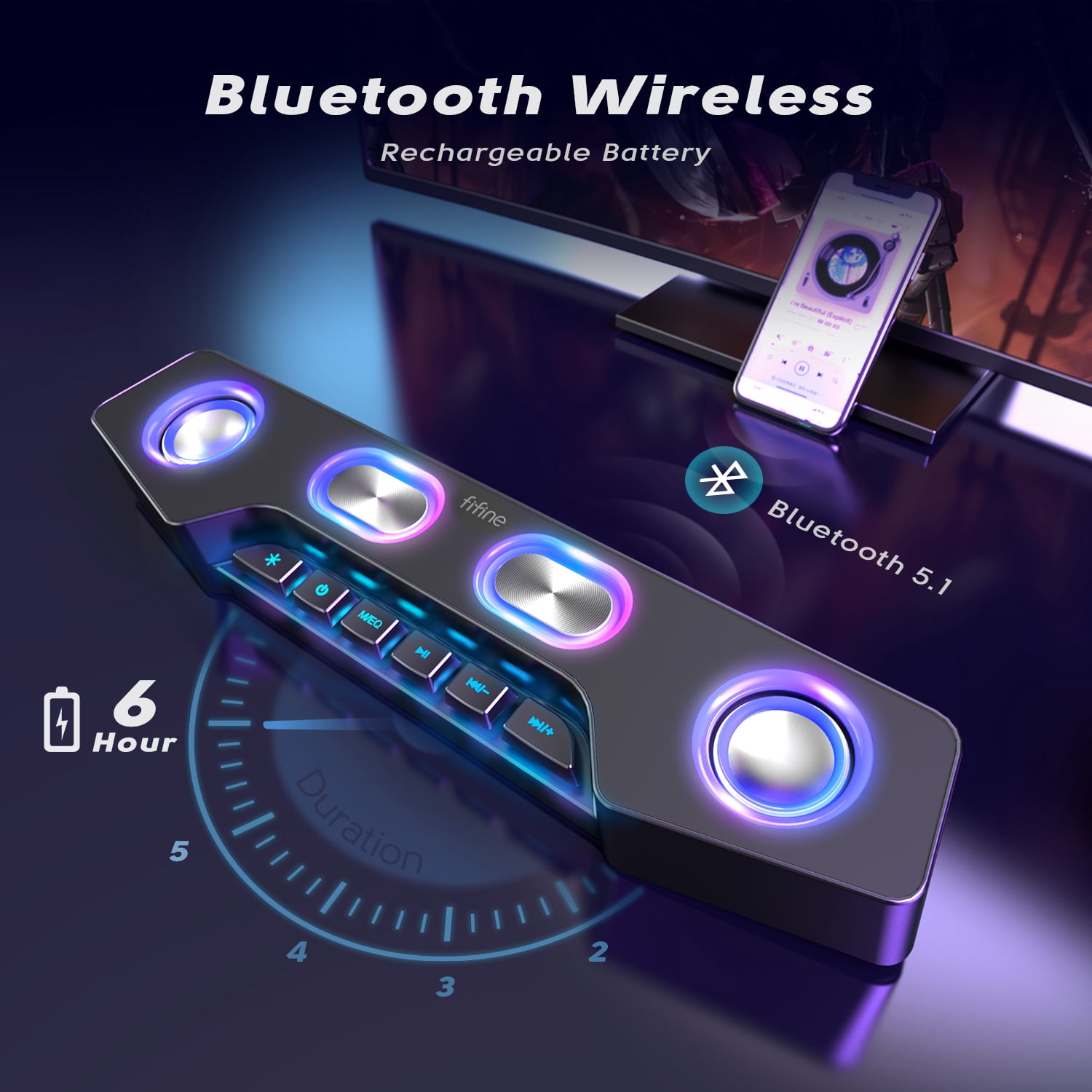 FIFINE Wireless Bluetooth Speakers for PC Computer, iPhone, RGB Gaming Soundbar with RGB, Volume Control, 3.5mm Mic Jack for Singing, Party