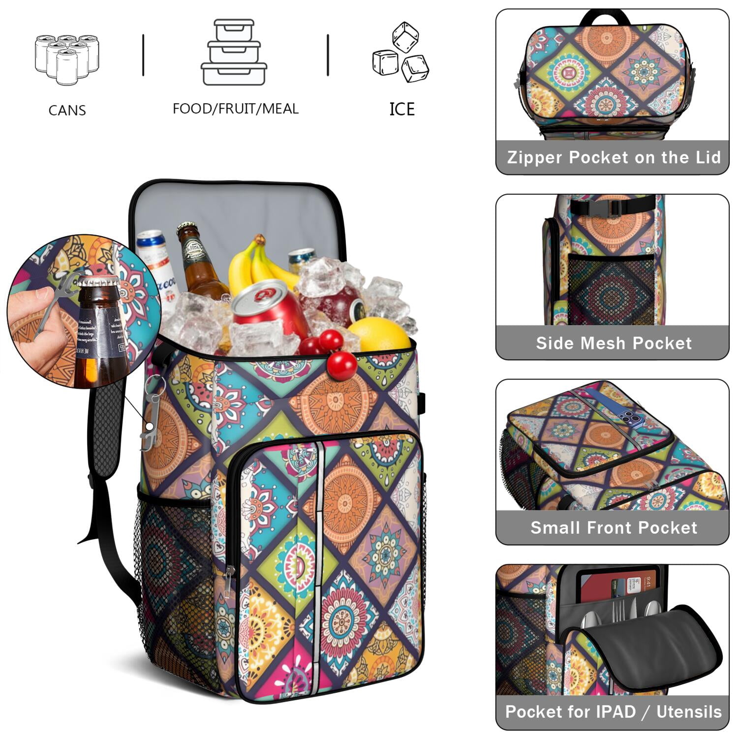 Travel Cooler Bag - Boho Bohemia Flower Camping Beer Cooler Backpack with Bottle Opener- Waterproof Insulated Picnic Backpacks - Cooler Bag for Beach