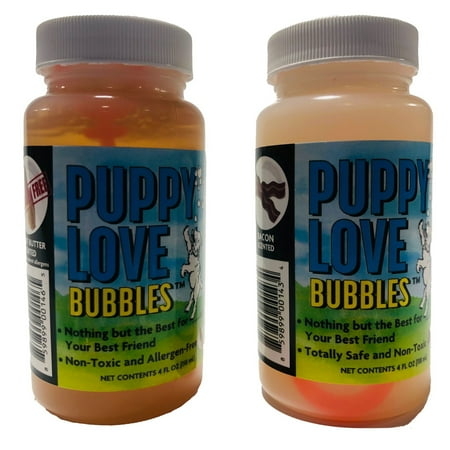 UPC: 0859899001540 | Puppy Love Bubbles Peanut Butter & Bacon Scented Bubbles 4oz. Bottle-2 Pack Combo (1 Peanut Butter/1 Bacon) for Dogs