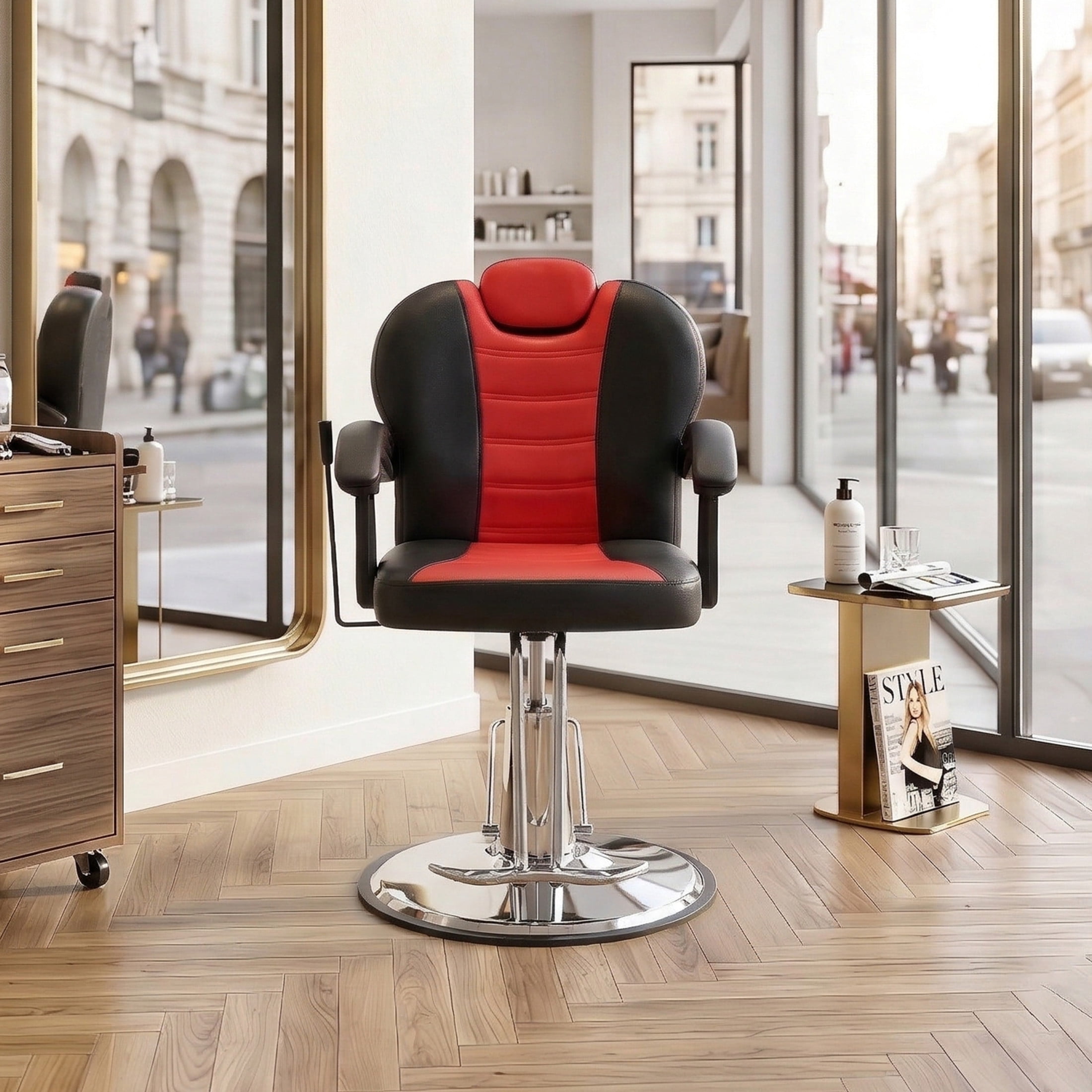Noble House Heavy Duty Reclining Barber Chair, 360° Swivel Salon Chair with Hydraulic Pump, Black+Red