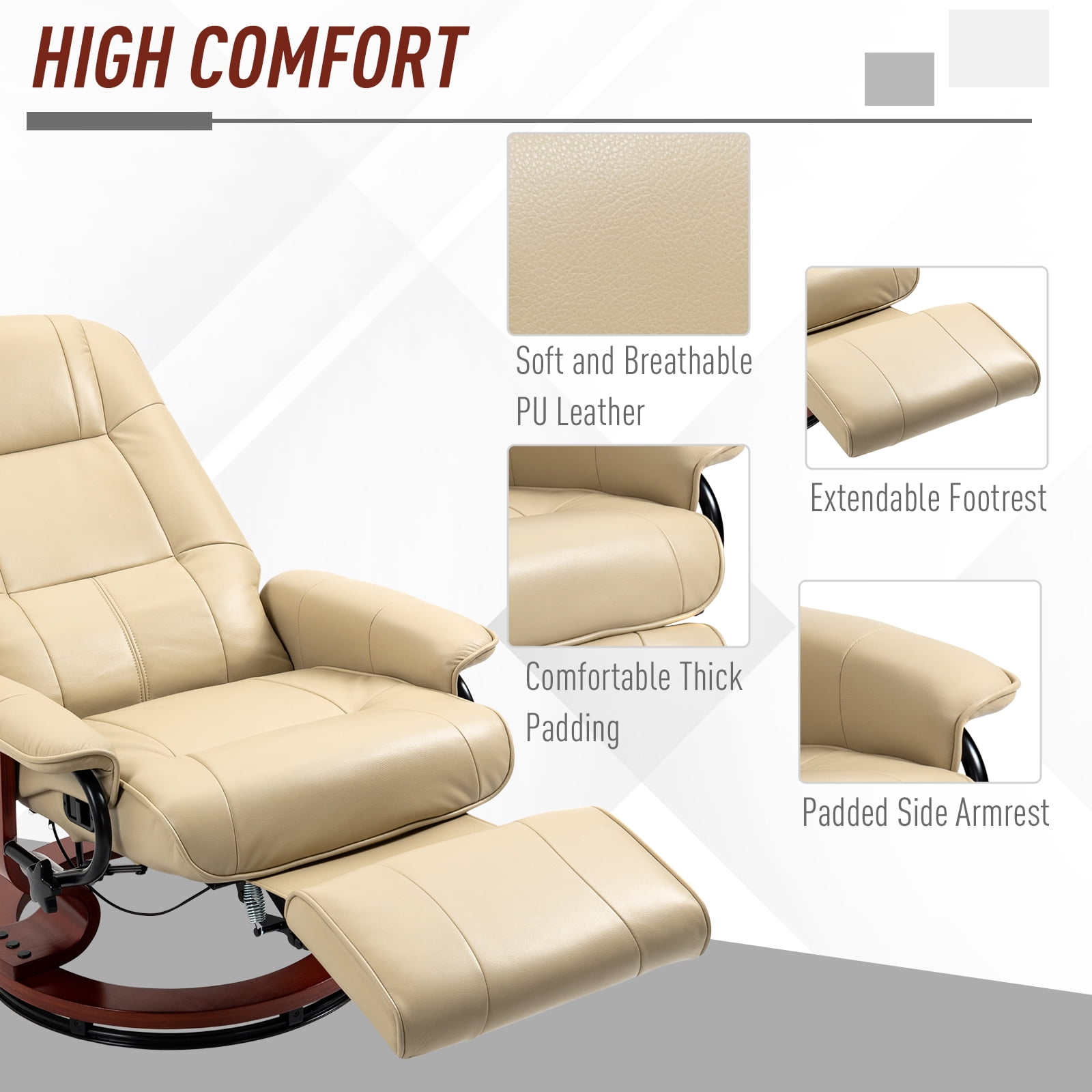 Cream White PU Leather Swivel Recliner Chair with Extendable Footrest, 265 lb Capacity