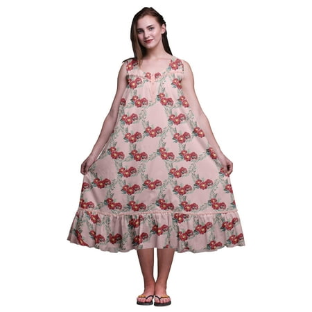 

Bimba Light Pink Salmon4 Floral Leaves & Peony Sleeveless Cotton Nightgowns For Women Printed Mid-Calf Length Sleepwear X-Small
