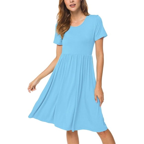 Women Summer Casual Short Sleeve Dresses Empire Waist Dress with Pockets