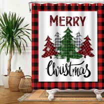 Buffalo Plaid Xmas Trees Shower Curtain Farmhouse Merry Christmas Shower Curtains Sets Red Grey Green White Design Bathroom Curtain 72x72 in with 12 Hooks