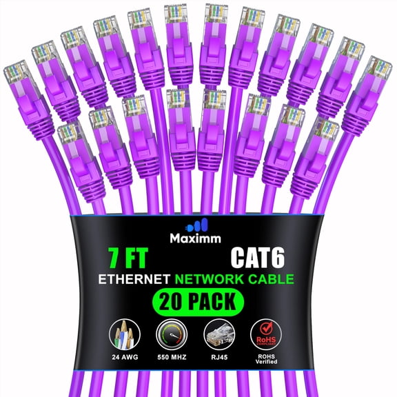 Maximm Cat 6 Ethernet Cable 7 ft (20-Pack) - High-Speed LAN Cable, Internet Cable, Patch Cable, and Network Cable - UTP, 10Gbps, 550MHz Ethernet Cord - Purple