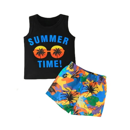 

Shuttle tree 2Pcs Baby Boys Summer Clothing Sets Cute Letters Print Sleeveless Tank Tops T-Shirt+Palm Shorts Outfits