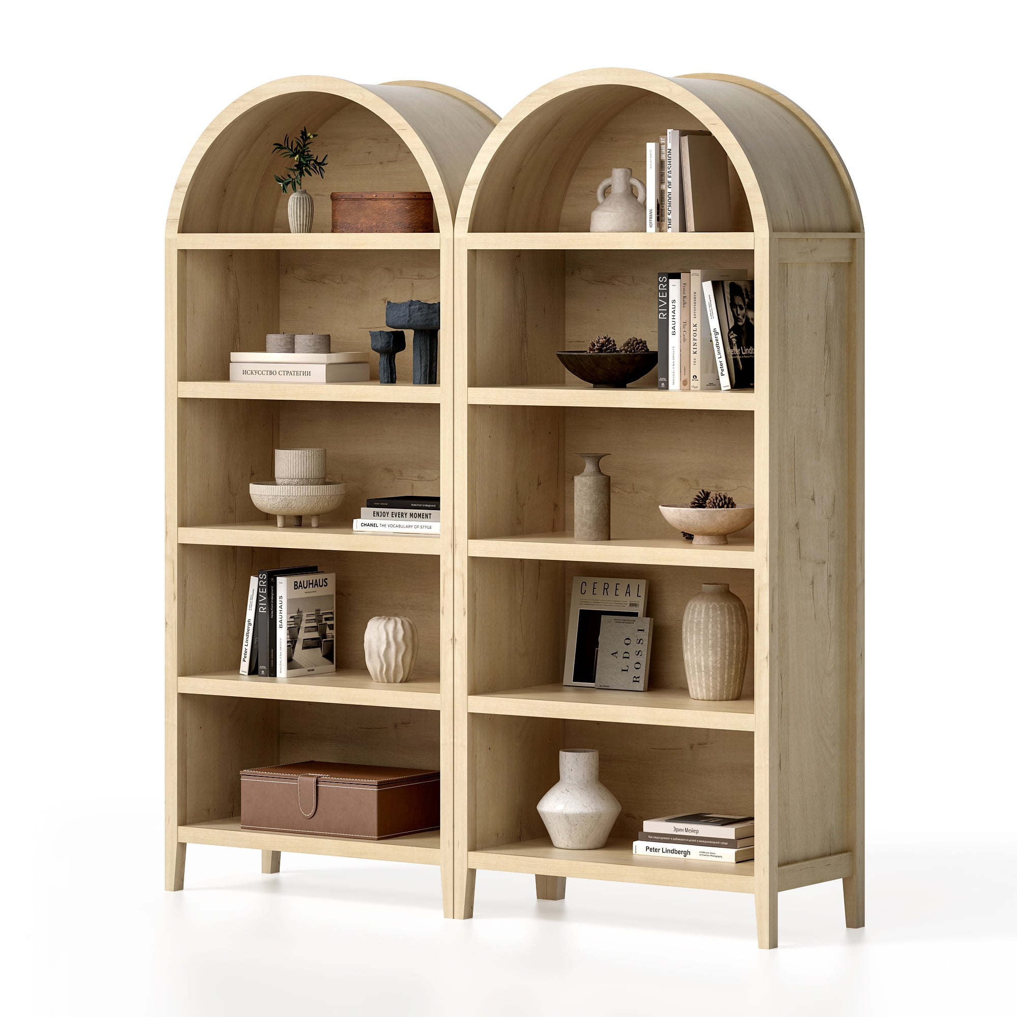 EYYTHUNG 5 Tier Arched Bookshelf Set of 2, 71" Tall Bookcase with Adjustable Shelves Wooden Storage & Display Cabinet, Freestanding Kitchen Pantry Organizer