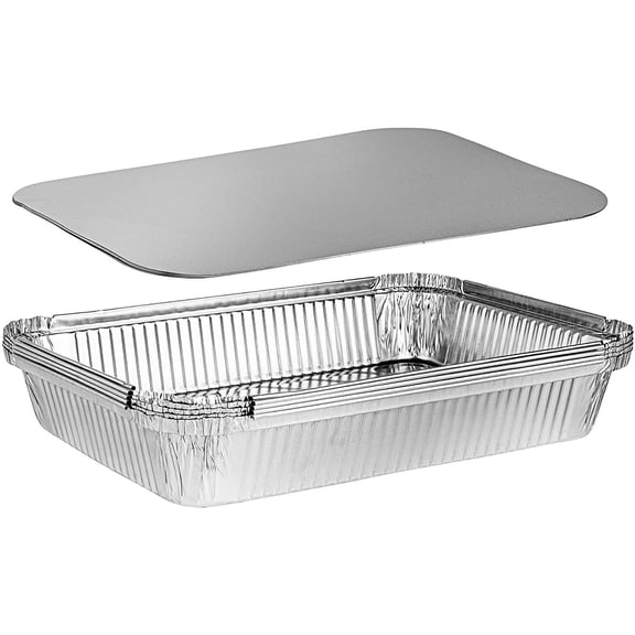 Disposable 4 LB Aluminum Takeout Tin Foil Oblong Baking Pans 12'' X 8'' X 2'' Inch With Cardboard Lids - Brownies, Bread, or Lunchbox, Pack of 5