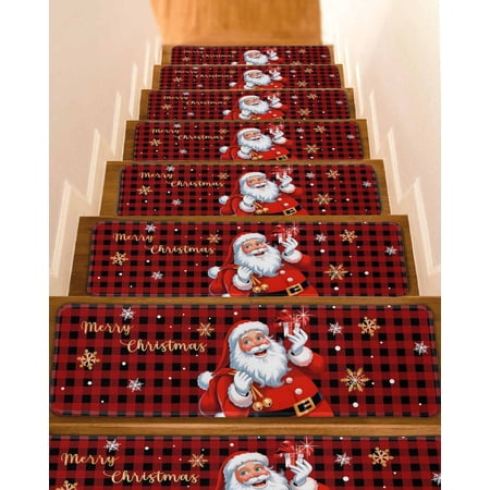Red Plaid Santa Christmas Stair Treads for Wooden Steps Indoor Runner Rug Carpet Gifts Xmas Snowflake Farmhouse 4 Pieces Peel and Stick Staircase Step Treads Covers Washable Throw Door Mats 30 x8