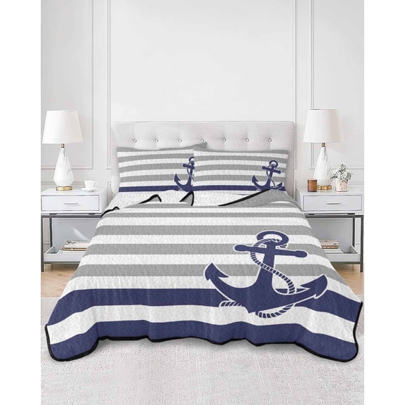 Quilts Twin Size, Anchor Gray Soft Comforter Bedding Set for Bed, Modern Navy Blue White Striped Nautical Lightweight Quilted Bedspread with Pillow Cover(2 Pieces) for All Season, 68x86 Inch