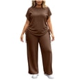 thumbnail image 5 of Ynynloco Women Plus Size 2 Piece Outfits Short Sleeve Pullover Top and Wide Straight Leg Pants Lounge Sets Tracksuit with Pockets, 5 of 8