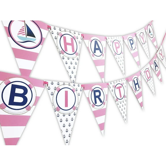Nautical PINK Happy Birthday Banner Pennant - Sailboat Party Banner - Made in the USA