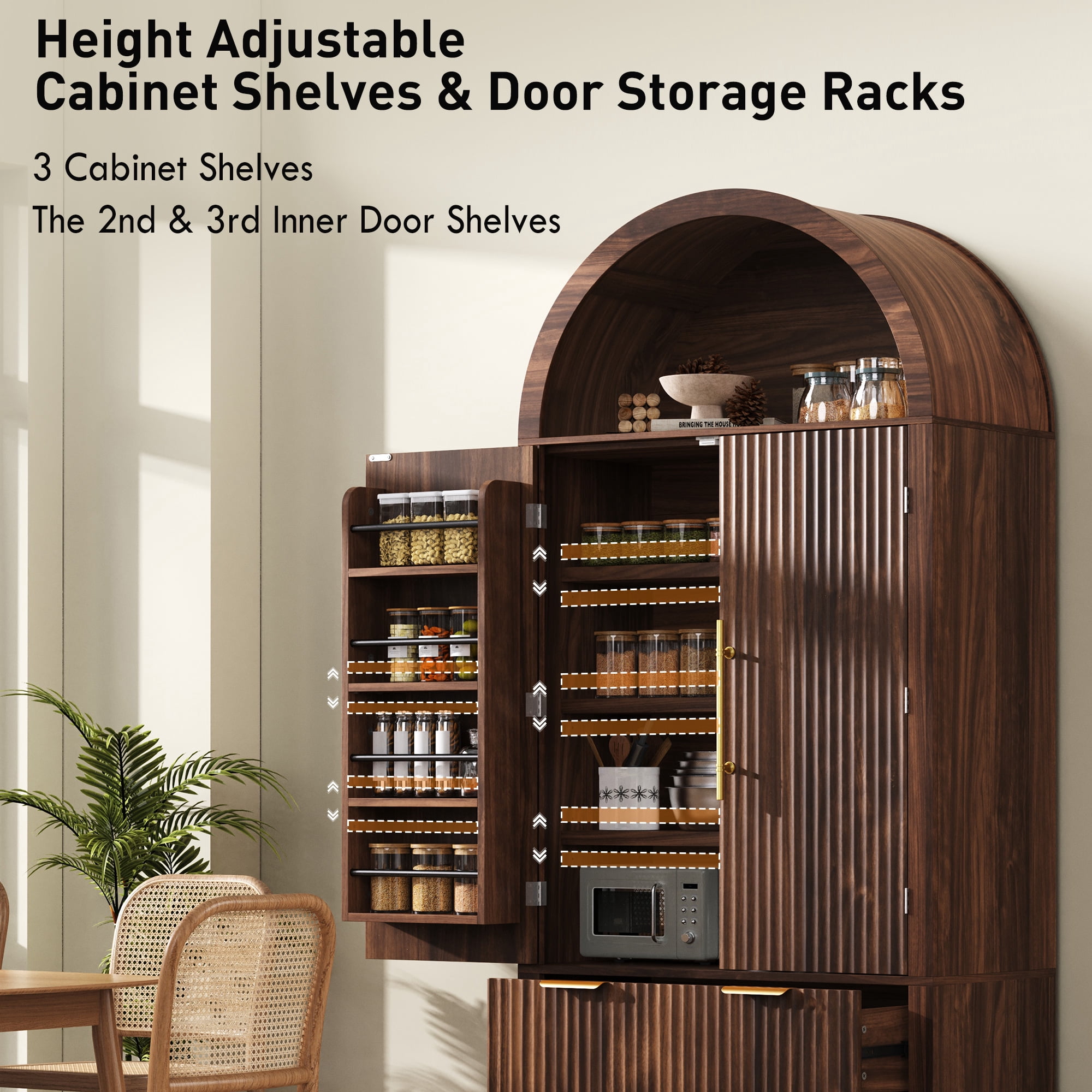 Homy Casa 72" Tall Arched Pantry Cabinet with Fluted Doors, Adjustable Shelves and 2 Drawers, Walnut