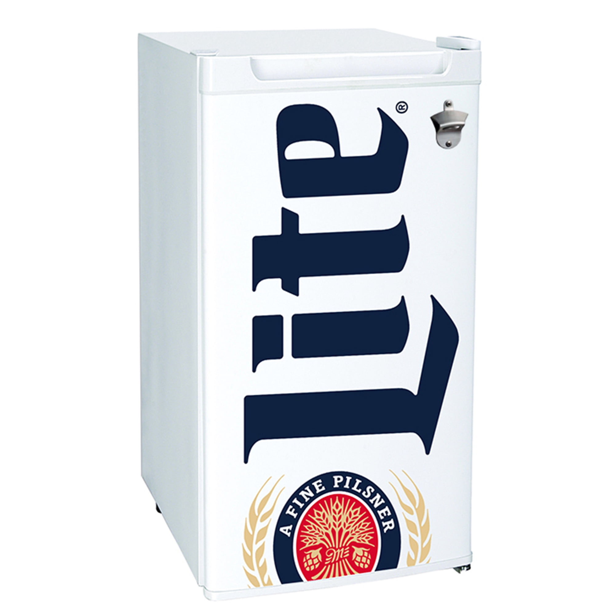 Miller Lite Compact 90 L Fridge with Bottle Opener, White