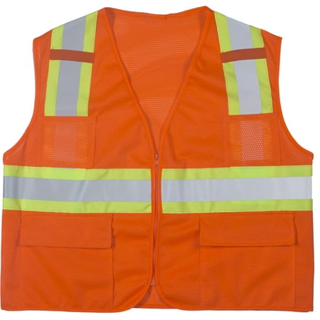 High Visibility Polyester ANSI Class 2 Surveyor Safety Vest with Pouch Pockets and 4" Lime/Silver/Lime Reflective Tape, 3X-Large, Orange