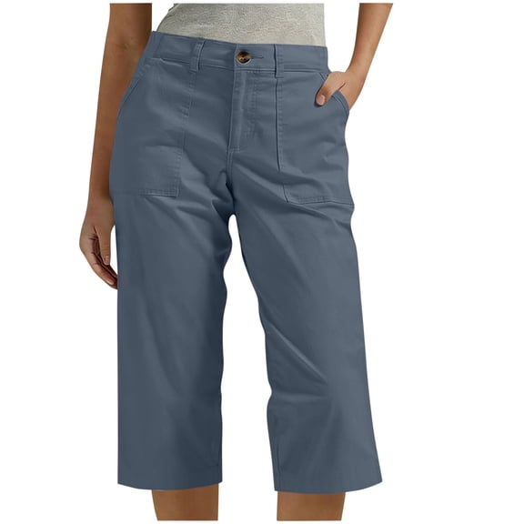 ZQUUVOU Women's Capri Pants Elastic Waist Straight Leg Casual Stretchy Dress Business Lounge Cropped Work Pants with Pockets Blue