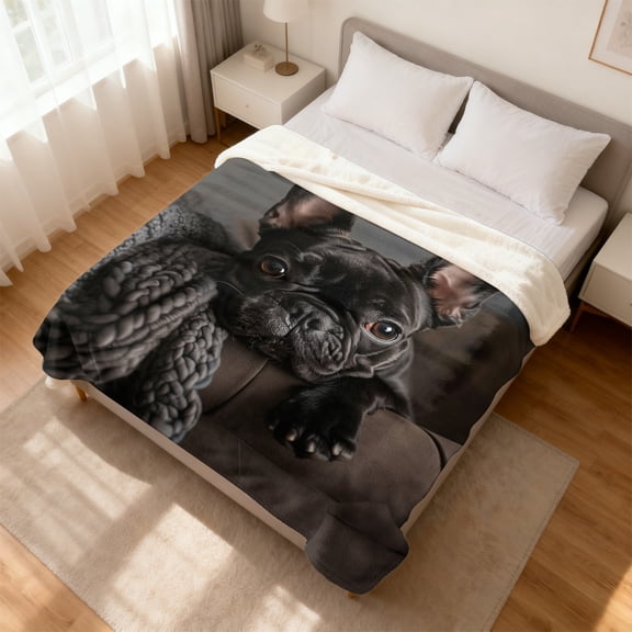 Ultra Soft French Bulldog Blanket Suitable for Bed & Couch Cozy Warm Flannel Dog Bedspread with Cute Black Frenchie Print Pet Lover Gift for Dog Owners