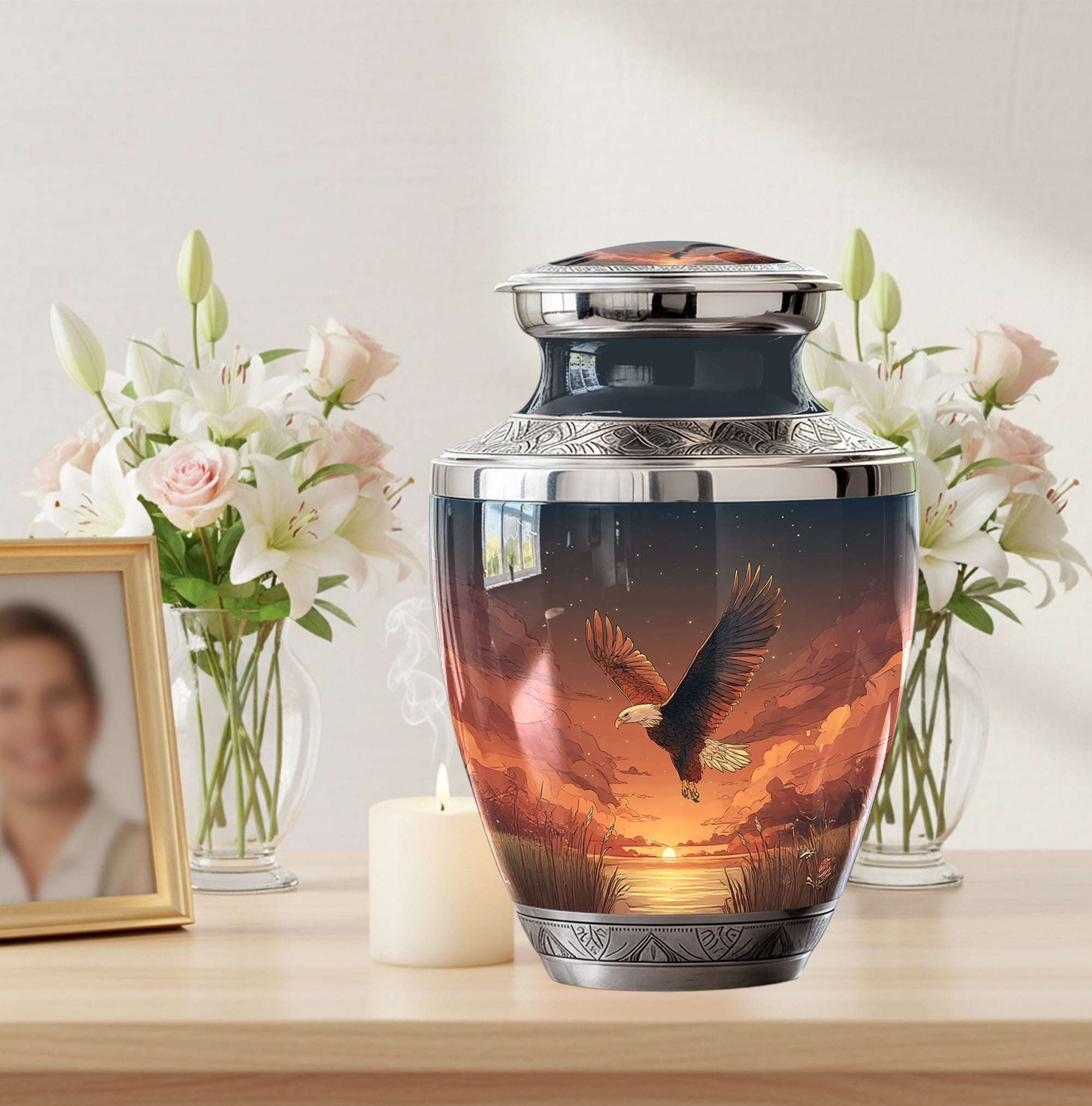 Flying Eagle Urns for Human Ashes Adult Male - 3 Inch Sunset Eagle Cremation Urn - 10 Inch with 4 Mini Keepsake Urns - Large Ash Container Memorial Urn Set