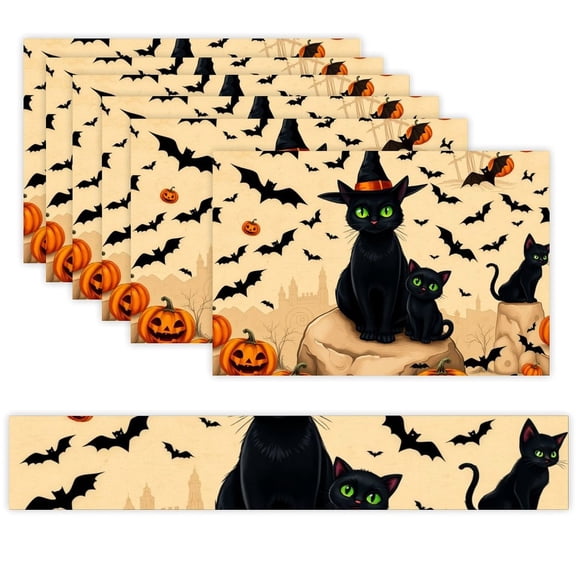 7 Piece Linen Table Runner and Placemats Set, Halloween Black Cat Round Corner Heat Resistant Washable Table Mats for Home Kitchen Dining Party Decoration