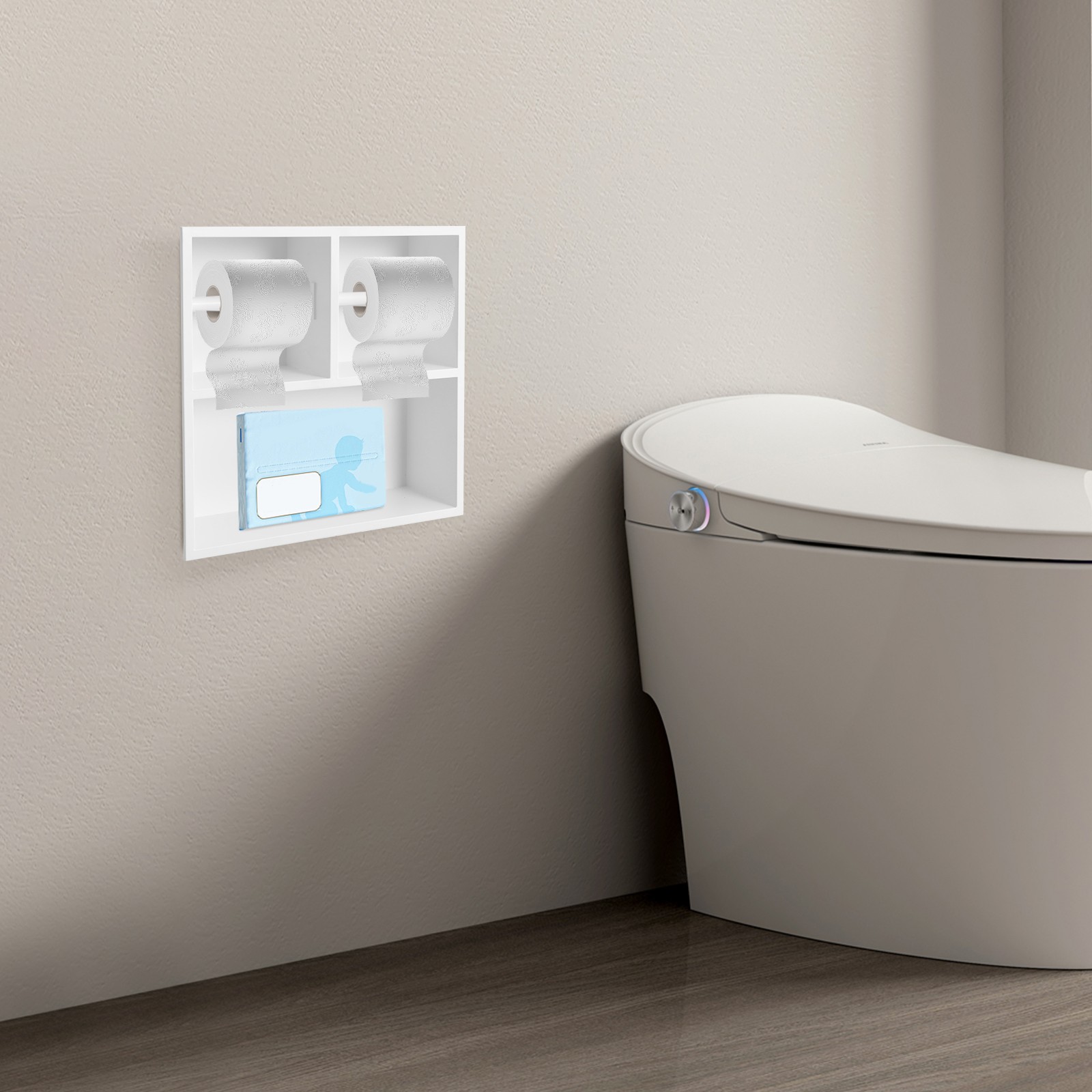 304 Stainless White Recessed Modern Steel Toilet Paper Holder Dual Toilet Roll Holder 12.2*3.94*12.2