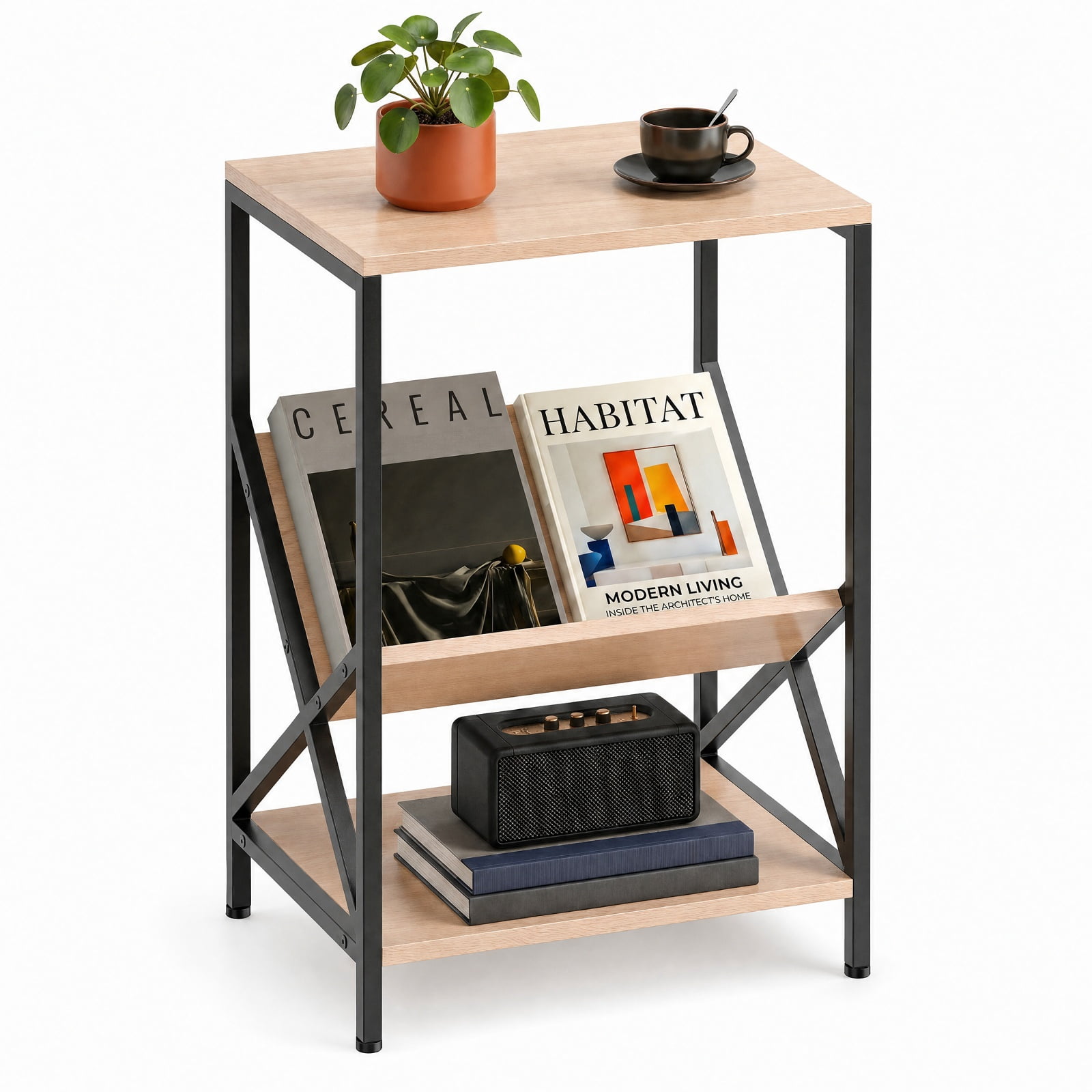 Furnibear 3-Tier Industrial Side Table with V-Shaped Bookshelf Magazine Holder and Steel Frame for Living Room and Bedroom, Natural