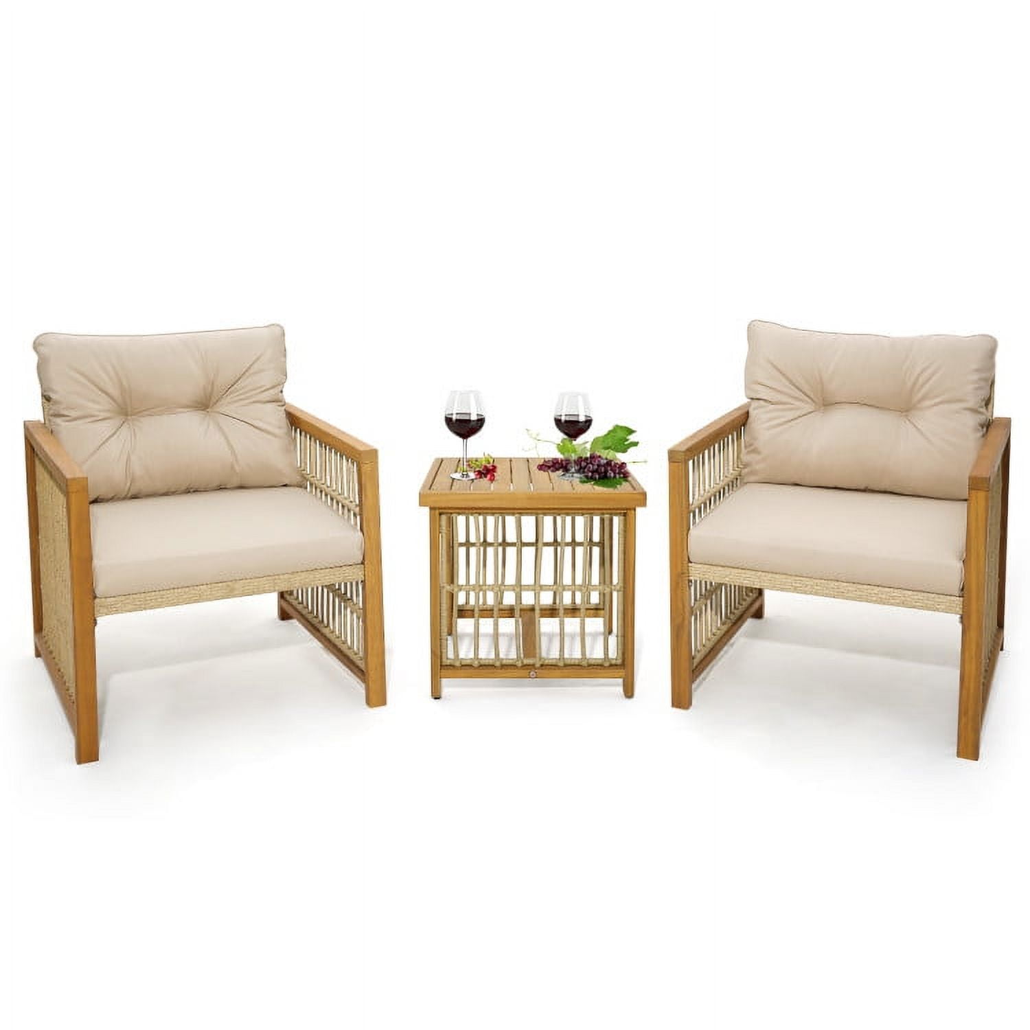 Aimee Lii 3 Pieces Patio Wicker Conversation Set with Acacia Wood Frame and Cushions, Outdoor Patio Set, Beige