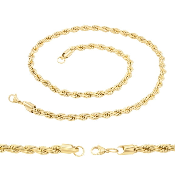 BEBERLINI Men Rope Necklace 14K Gold Plated Twisted Link Chain 18" Fashion Jewelry Gift 2mm