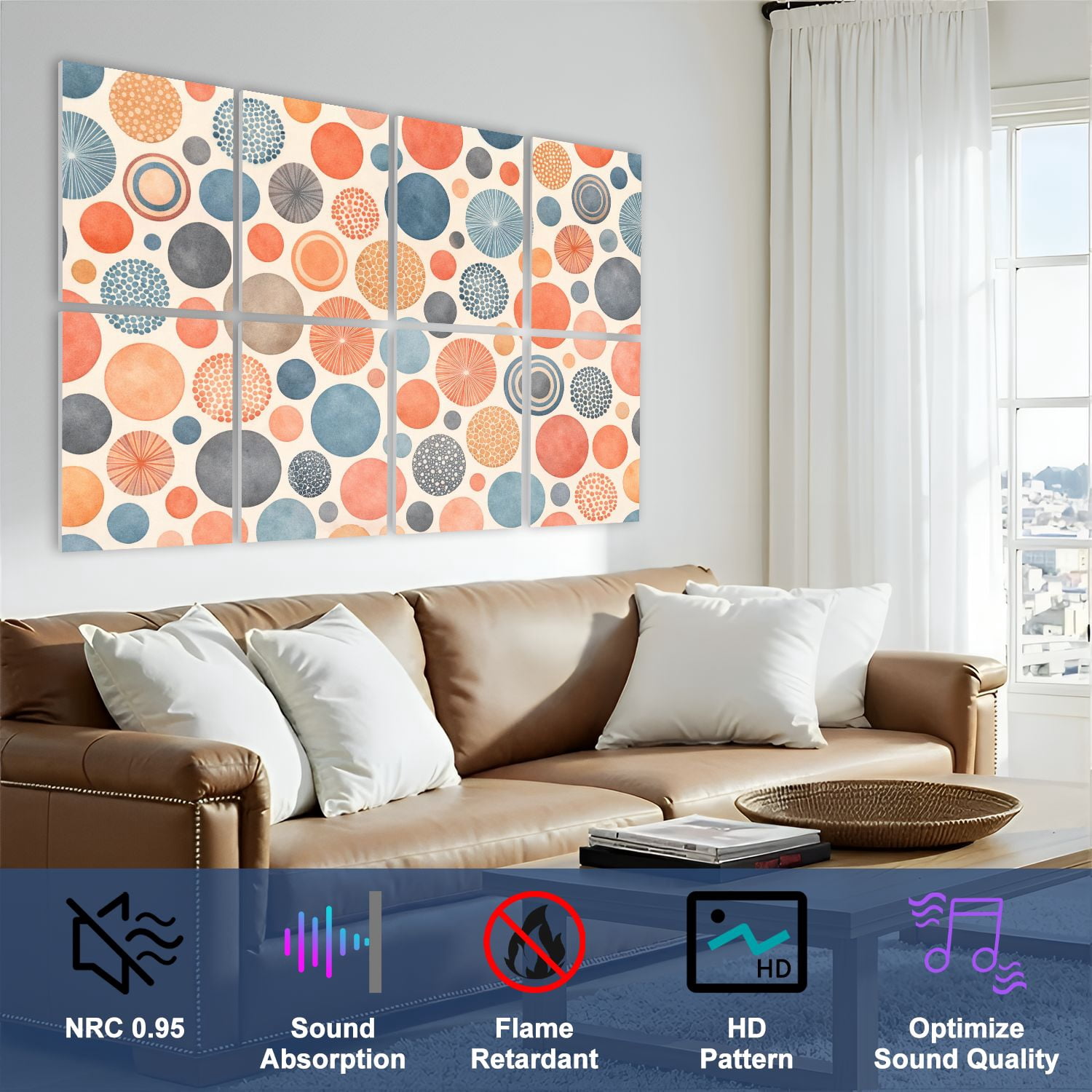 8 Pack Art Acoustic Panels Abstract Colorful Circular Dots Spirals Retro Style Self Adhesive Absorbing Dampening Panels Self Adhesive for Nursery Game Room Bedroom 48"x32"