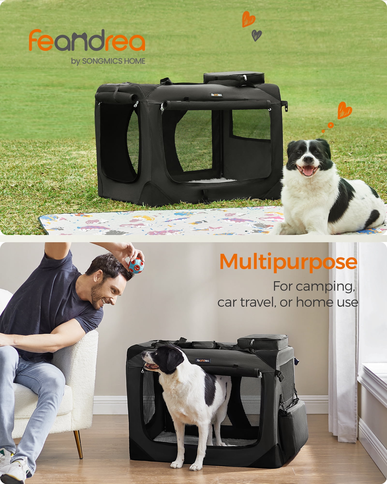 32 Inches Collapsible Soft Dog Crate, Portable Travel Crate for Indoor and Outdoor Use, Dog Carrier Kennel with Safety Zippers, for Living Room, Car, Traveling, Camping, Black