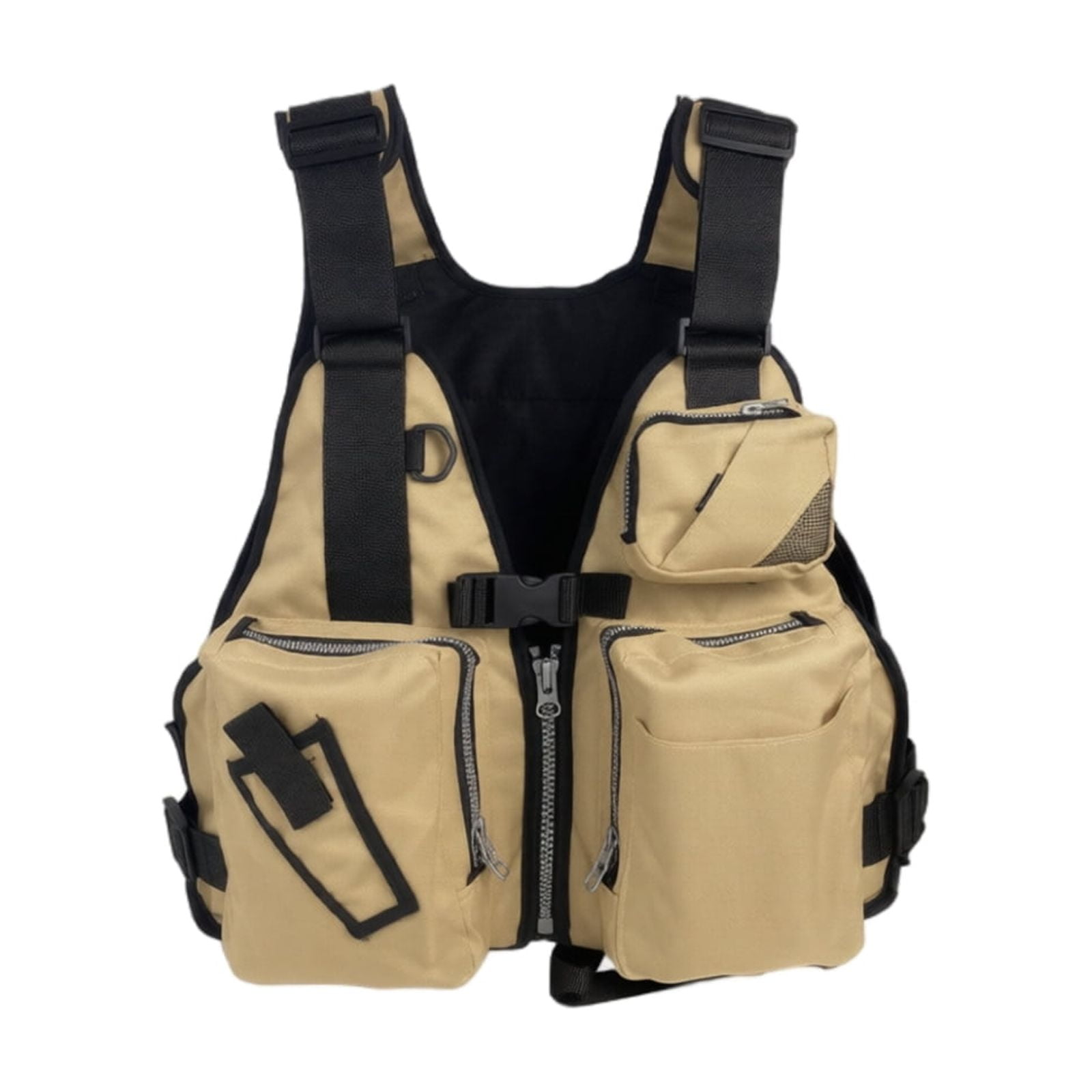Multi Pocket Foldable Life Vest with Whistle and Zippered Pouches for Kayak Fishing Boat and Emergency Survival Beige 14"X2"X18"