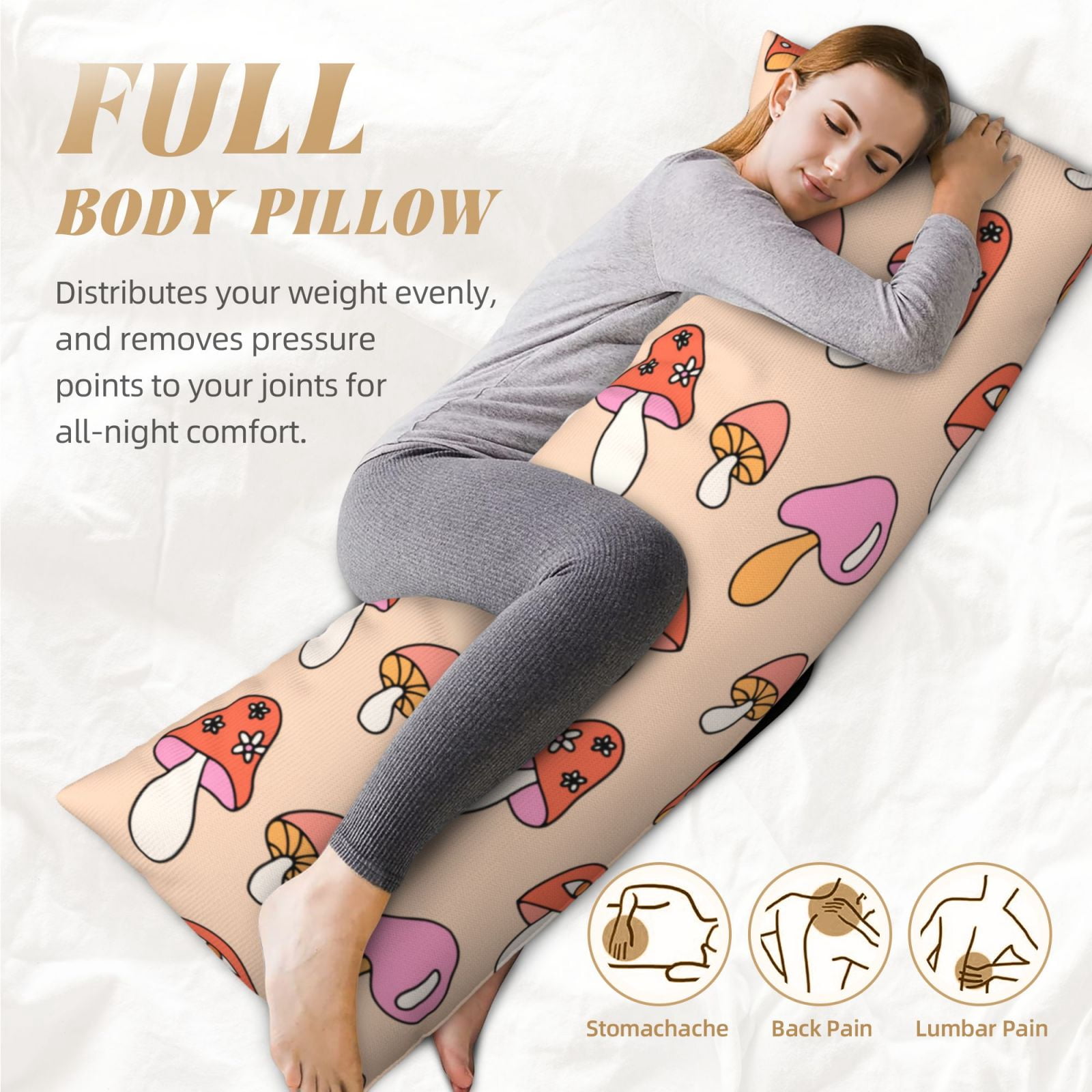 Naloa 70s Mushroom Super Soft 20x60 Body Pillow Case,Long Side Hidden Zipper（PILLOWS ARE NOT INCLUDED）