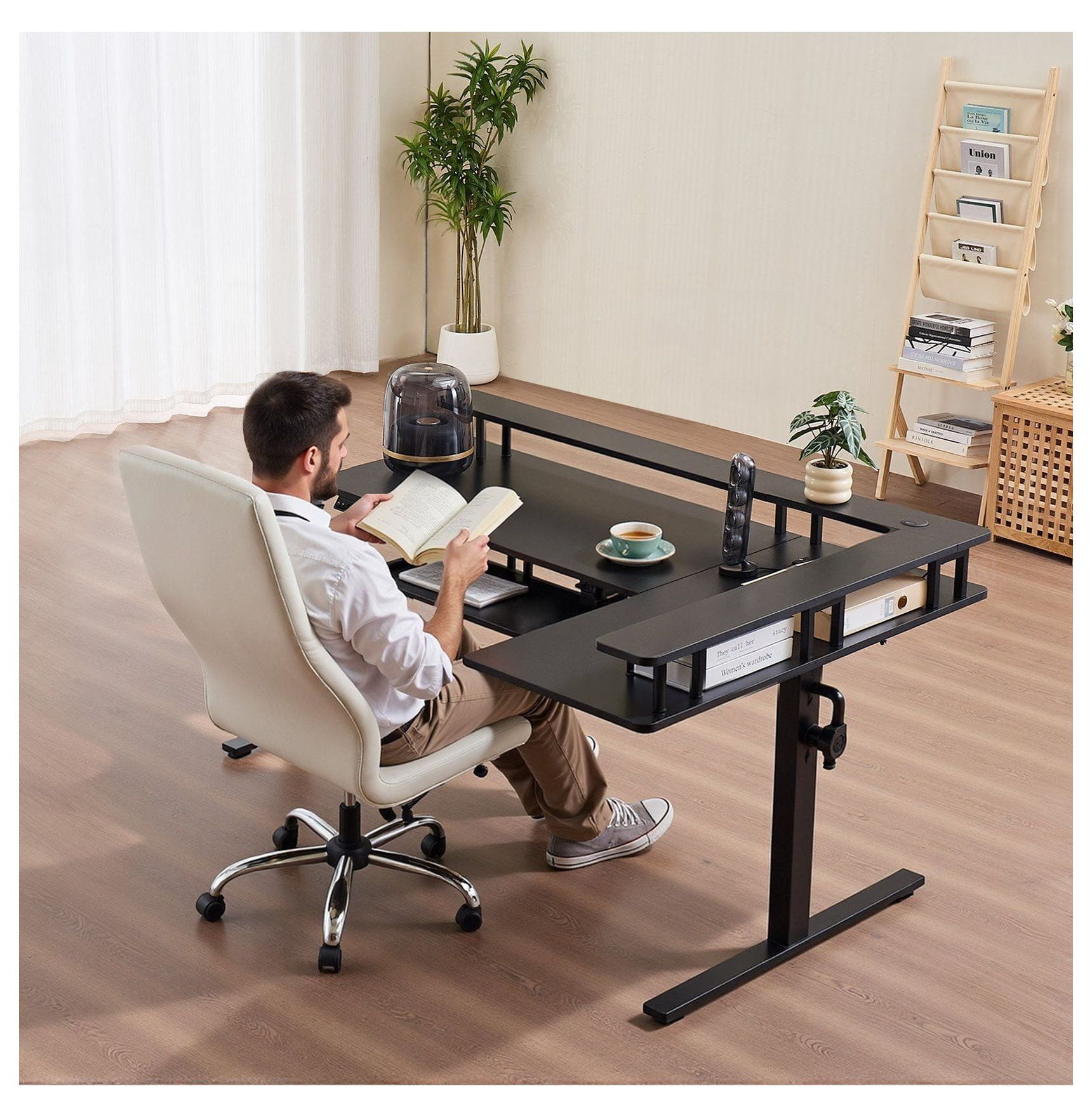 L Shaped Desk Electric Adjustable Height Corner Desk with Keyboard Tray, 63.1" Gaming Desk, Standing Desk with LED Lights & Power Strip, Home Office Computer Desk