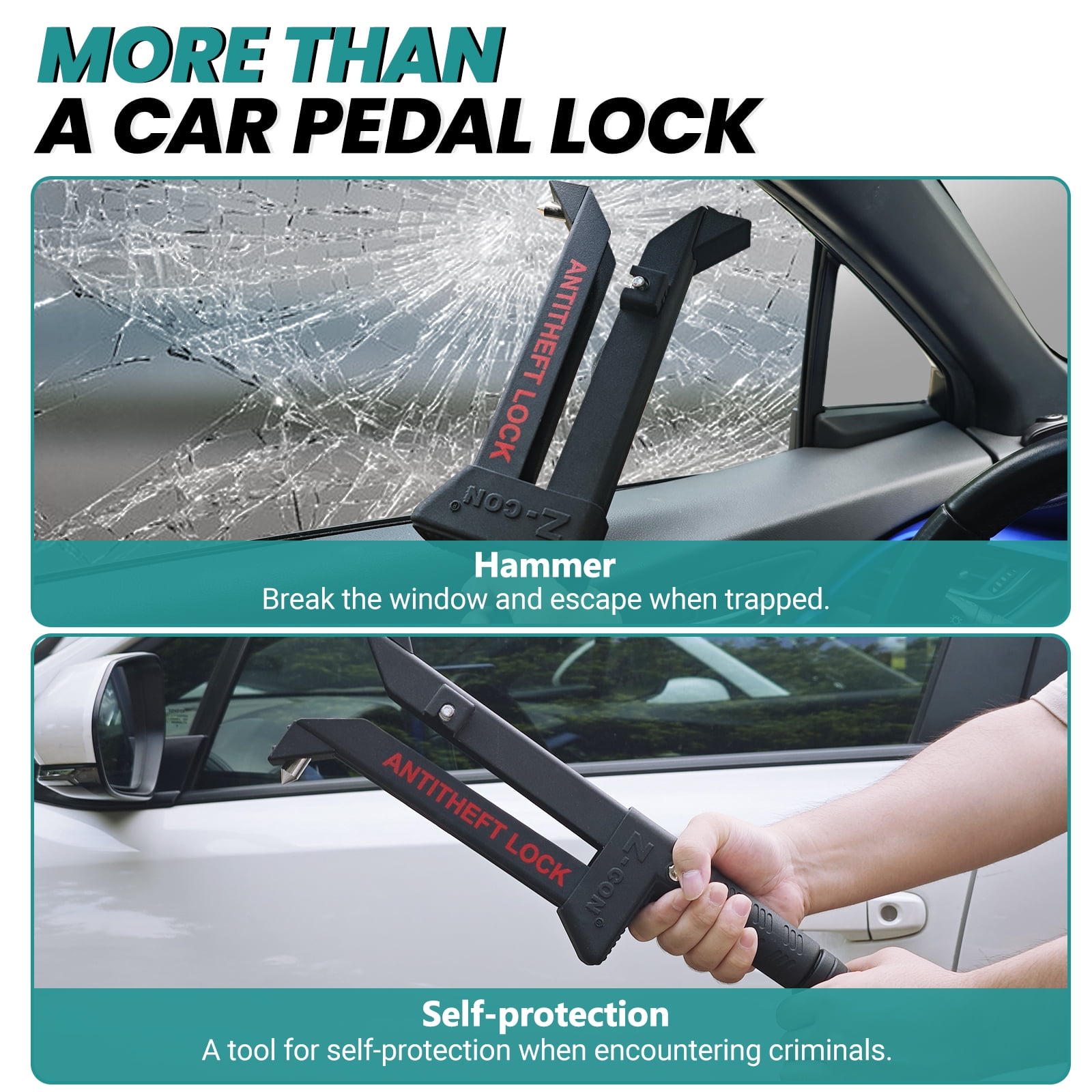 Brake Pedal Lock, Anti Theft Car Device Brake Clutch Lock, Universal Car Lock Security Protection for Truck/Auto/SUV/Van, with Escape Hammer Window Breaker and 3 Keys - Black