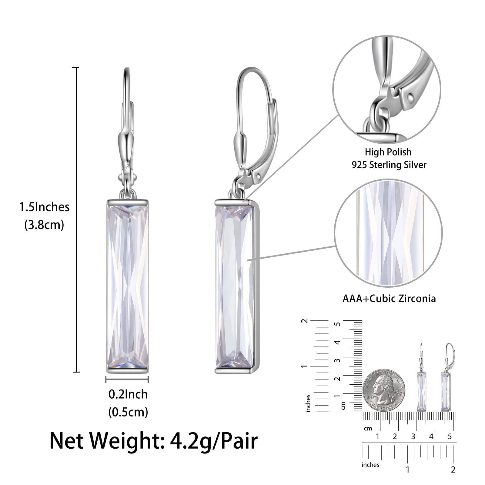 Juwaliy Leverback Long Dangle Earrings Sterling Silver Women April Birthstone Earrings Diamond Crystal Wedding Bridal Jewelry Birthday Gift