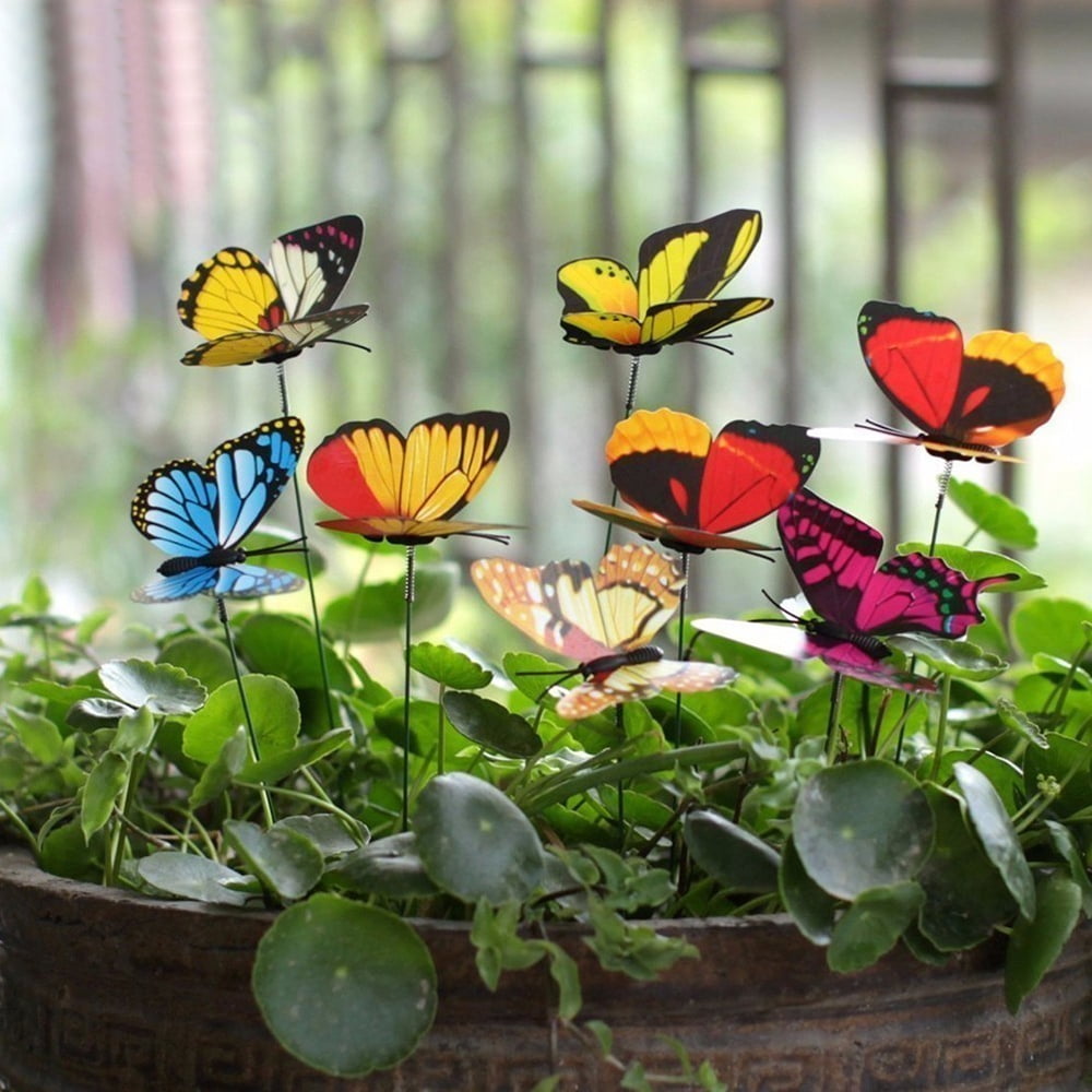 1/5/10Pcs Plastic Butterfly On A Stick For Home Garden Plant Flower Vase Decor 