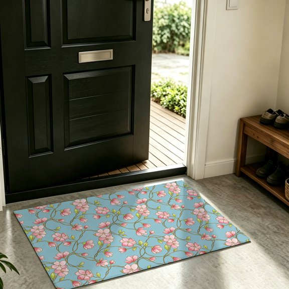 Front Door Mat Indoor Outdoor Garden Pink Flowers on Teal Non-Slip Doormat Low Profile Patio Porch Entryway Rug 16x24in Oriental Cherry Floral Leaves