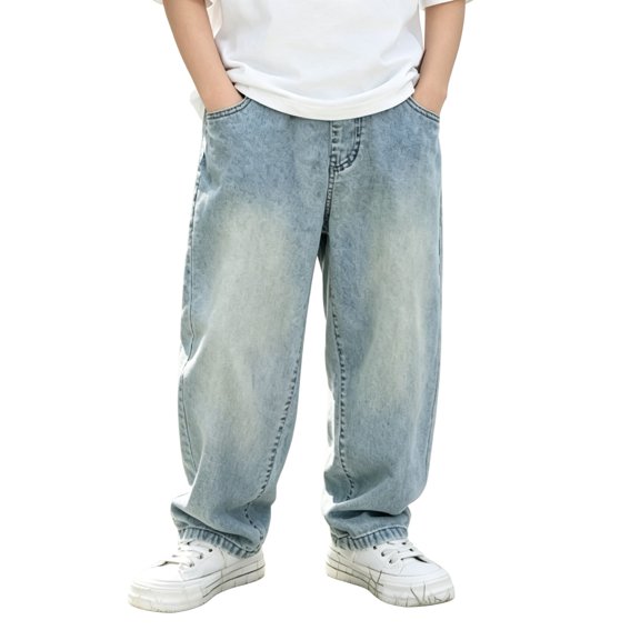 EnJoCho Boys Baggy Jeans Elastic Waist Straight Wide Leg Denim Pants Kids Teen Vintage Distressed Streetwear Jeans Fashion Trousers Boys Jeans Casual Back-to-School
