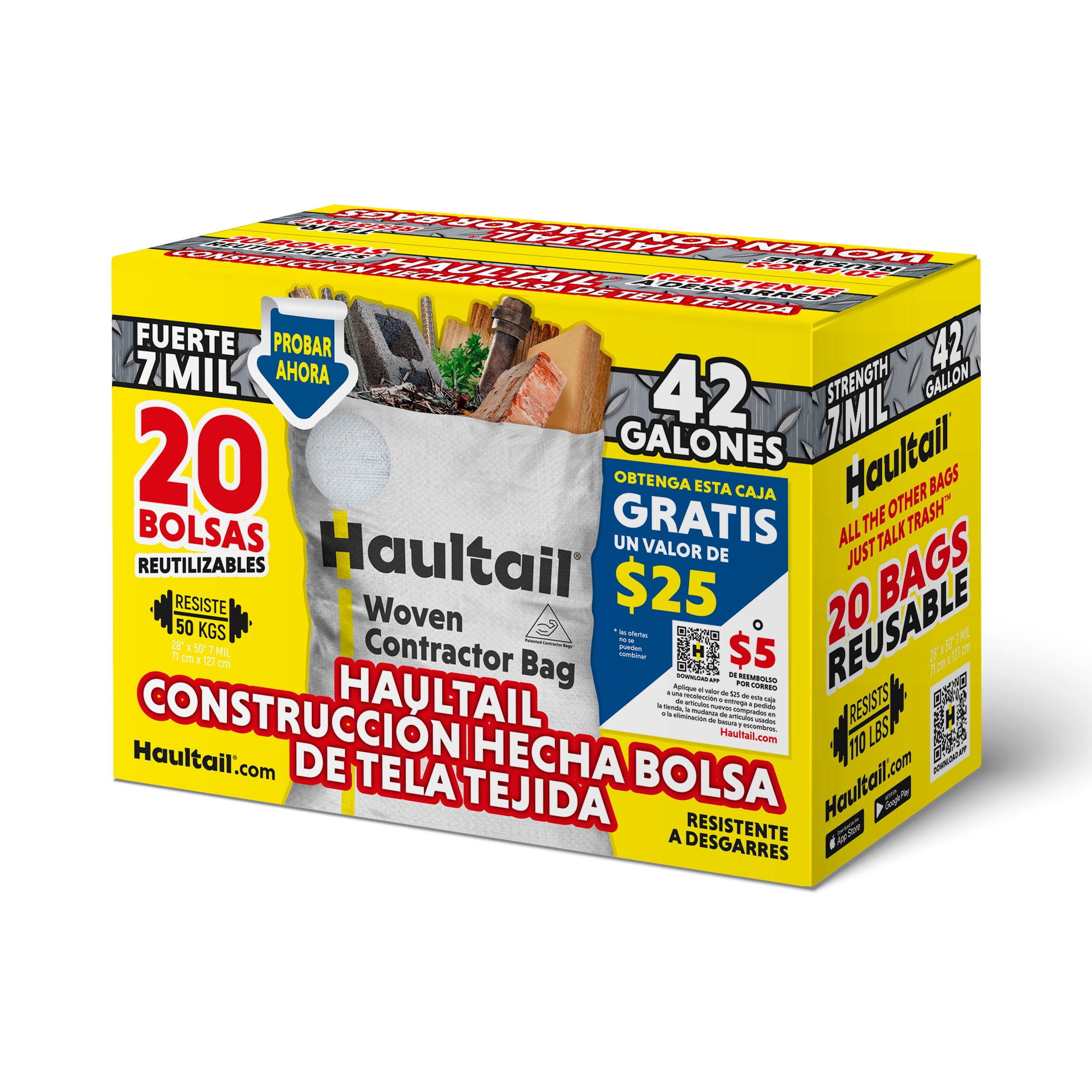 Haultail Woven Contractor Trash Bags 42gal 20 Count per Pack White Reusable