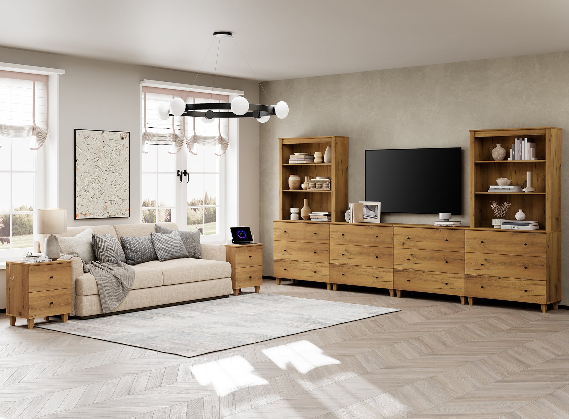 WAMPAT Entertainment Center and Side Table Set of 3, Modern Wooden TV Stand for 75" TV with Drawers and Open Shelves, 2 Charging End Tables for Living Room, Oak Brown