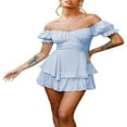 thumbnail image 4 of Women Boho Romper Off Shoulder Double Layer Ruffle Hem Chiffon Short Fairy Princess Mini Dress Jumpsuit Playsuits Black L, 4 of 8