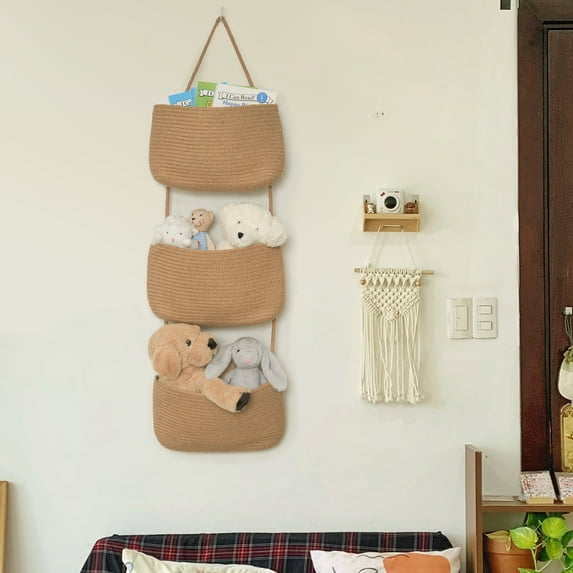 Hanging Over the Door Basket, Decorative Wall Hanging Baskets, 3 Tier Hanging Organizer, Jute, 14.7"x 3.3"x 43.6"