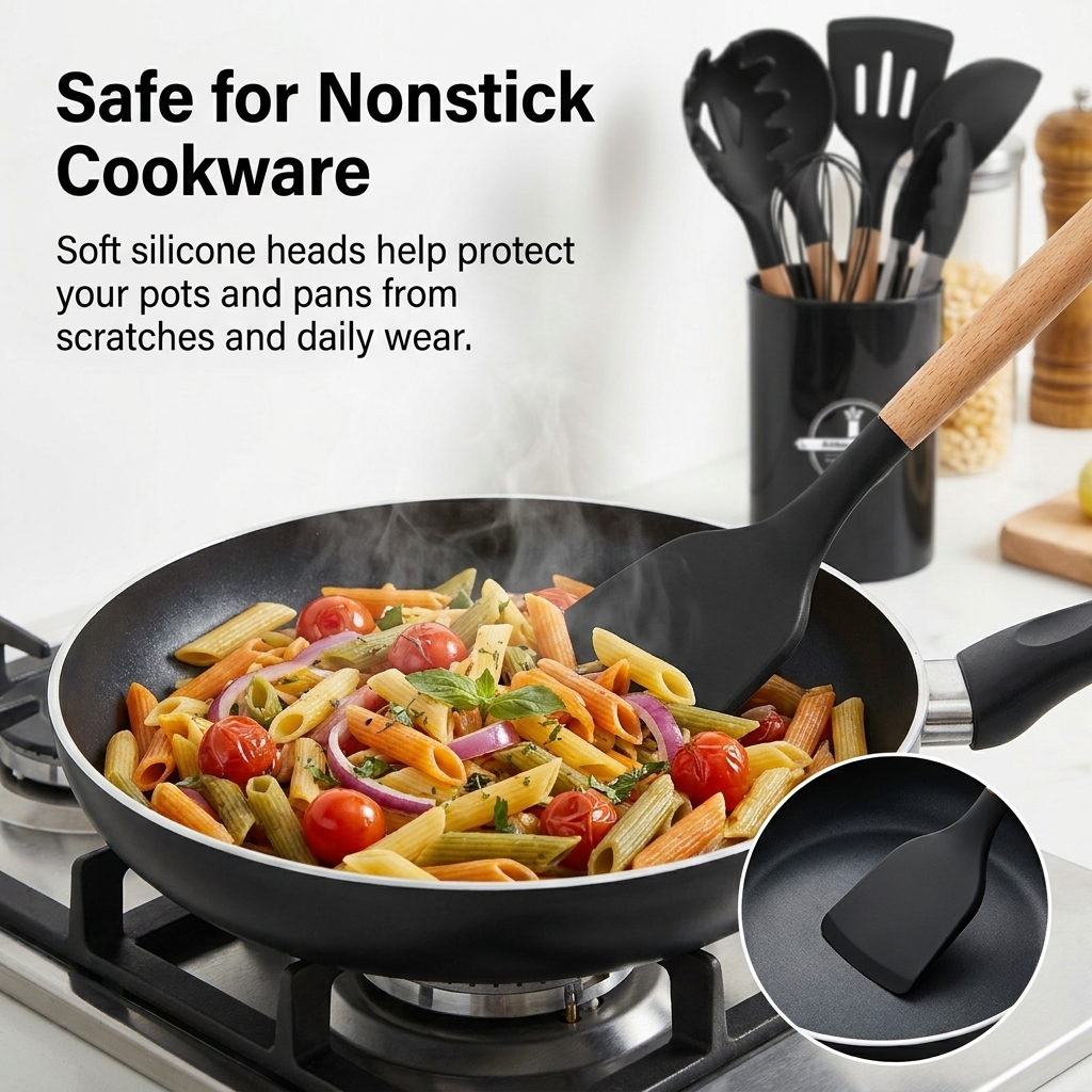 NULAS 37-Piece Silicone Utensil Set With Holder, Black photo 2