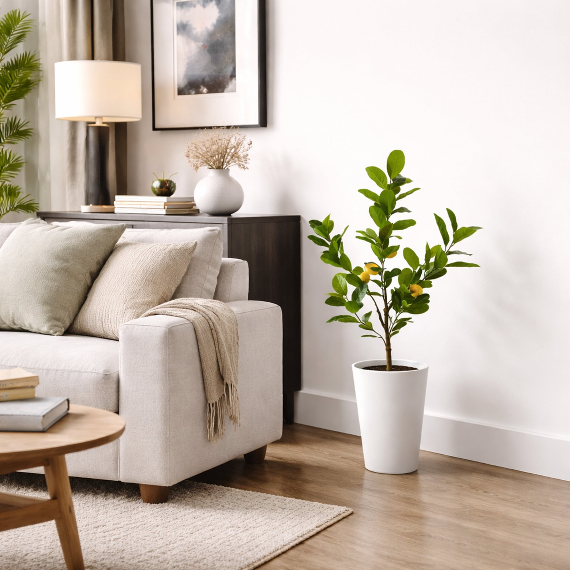 Artificial Tree, 3.3ft Artificial Lemon Plant with Realistic Lemons in a White Textured Metal Pot by LCG Florals, Fake Indoor Faux Tree for Living Room, Kitchen, and Home Decor