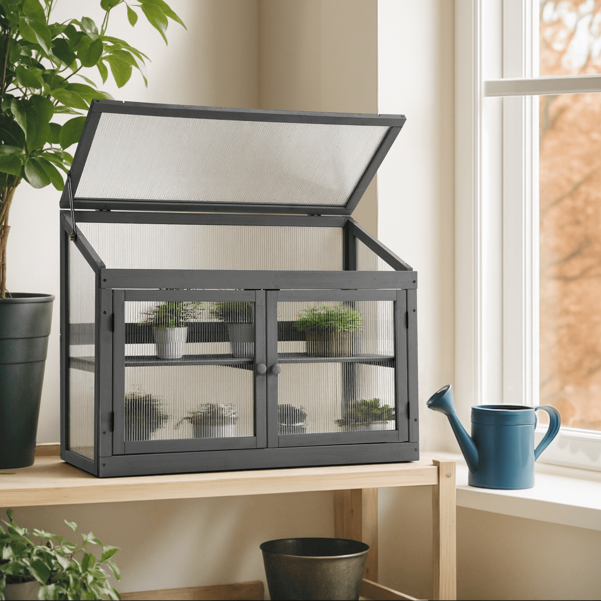 Mcombo 2-Tier Wooden Cold Frame Garden Greenhouse Raised Flower Planter Shelf Bed Protection 0160
