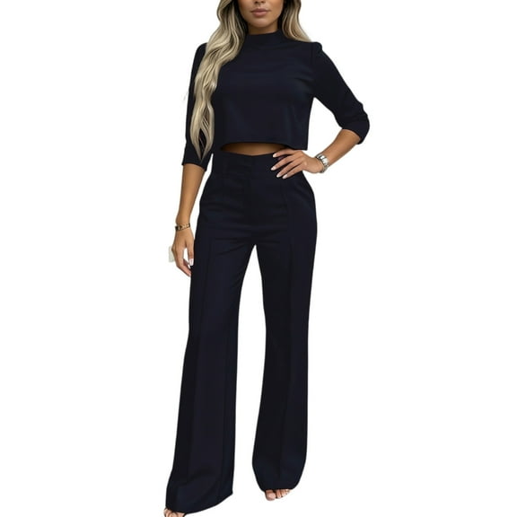 CharmCyan Women's Casual Temperament Commuting Wide-leg Pants Solid Color Two-piece Suit Black L